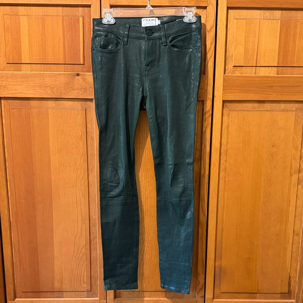 FRAME Le Skinny De Jeanne Green Lamb Leather Pants - Picture 2 of 6